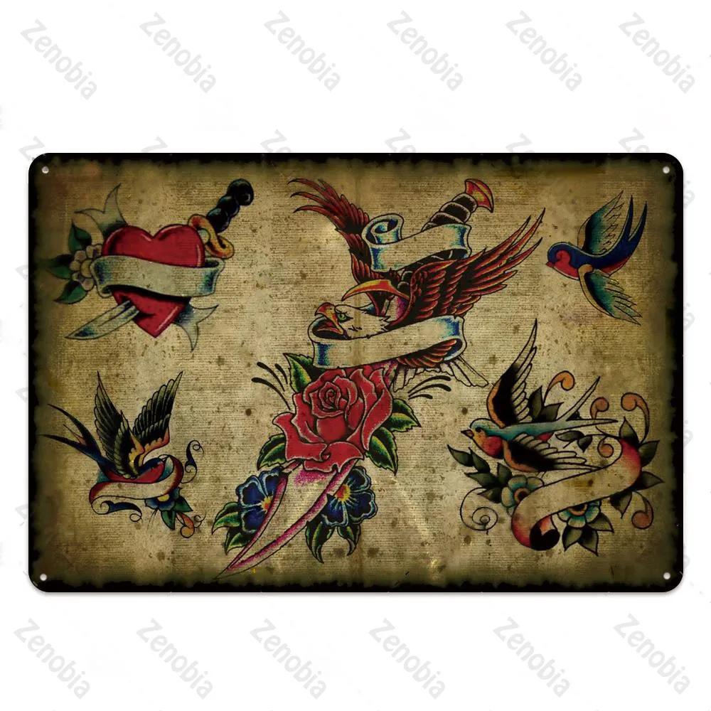 Affiche Métal Tatouage Plaque Métal Décor Boutique de Tatouage Plaque Décorative en Fer Décoration Murale Plaque en Étain Shabby Chic