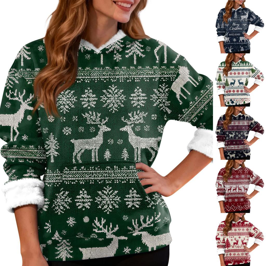 Women's Fashion Casual Long Sleeve Christmas Printed Hooded Sweatshirt