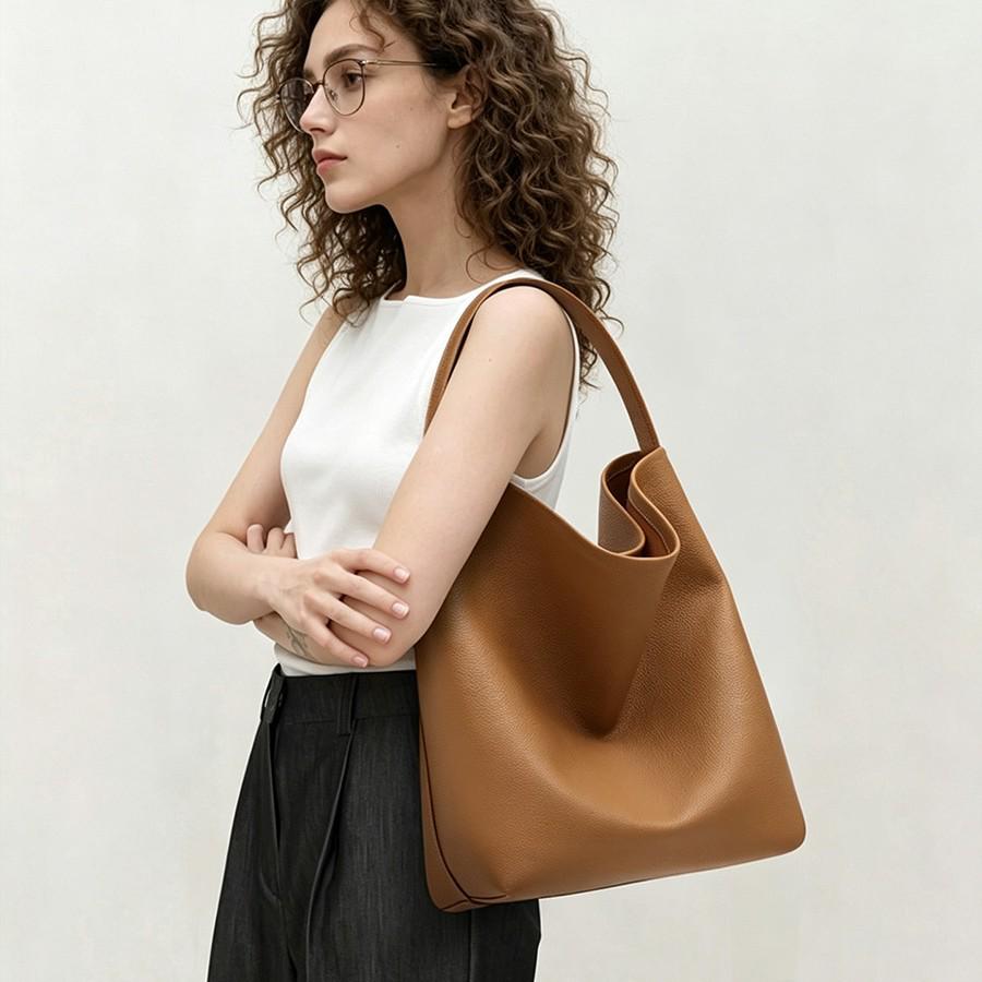 Women's Lychee Pattern Cowhide Bucket Bag - Large Capacity, Commuter Style, Single Shoulder, Lightweight Genuine Leather