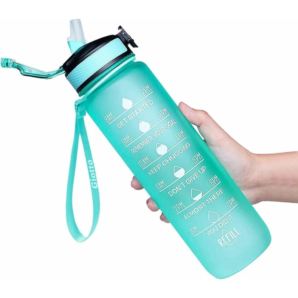 Wasserflasche mit großer Kapazität mit Trinkzeiten und Strohhalm, auslaufsicher, geeignet für Büro, Fitnessstudio, Outdoor-Sport-Wasserflasche