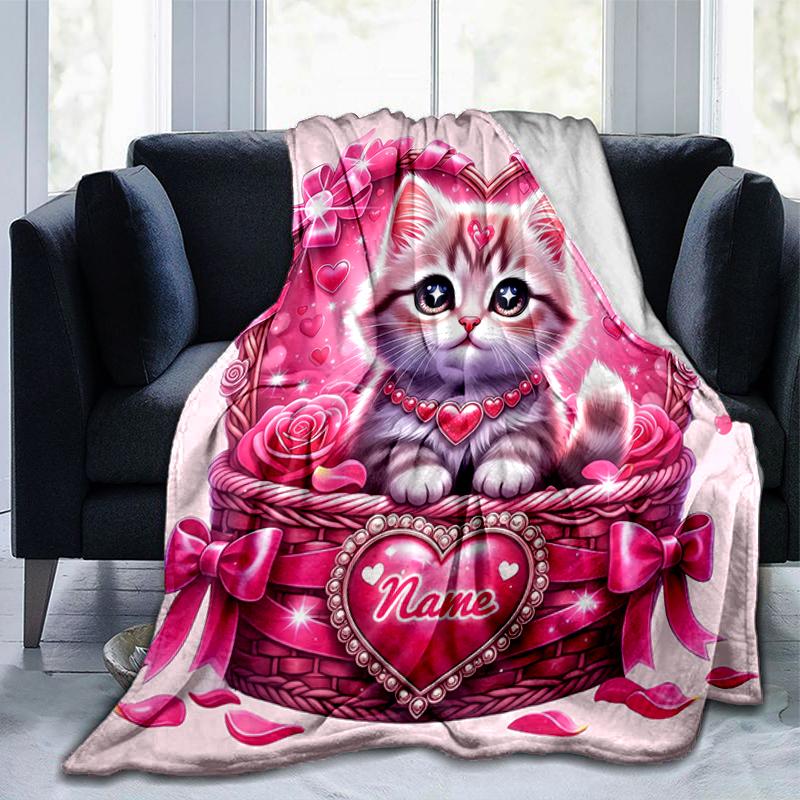 1PC Custom Name Pink Heart Basket Kitten Flannel Blankets Patterns Throw Blanket All-Season Soft Gift for Couch, Bed, Camping Gifts