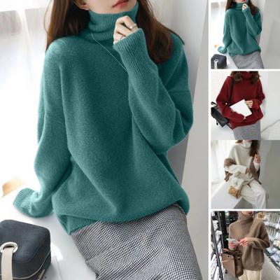 Frauen Pullover Hohe Kragen Langarm Einfarbig Stricken Tops Lose Fit
