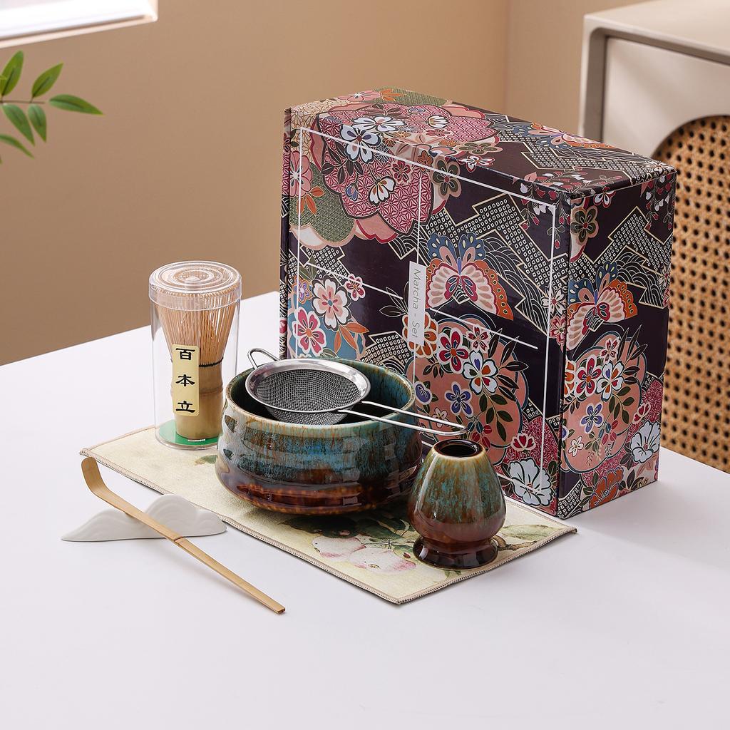 Japanese Matcha Tea Set Ceramic Chawan Bowl Whisk Holder Scoop Spoon Sieve Gift Traditional Tea Ceremony Kit for Home Restaurant