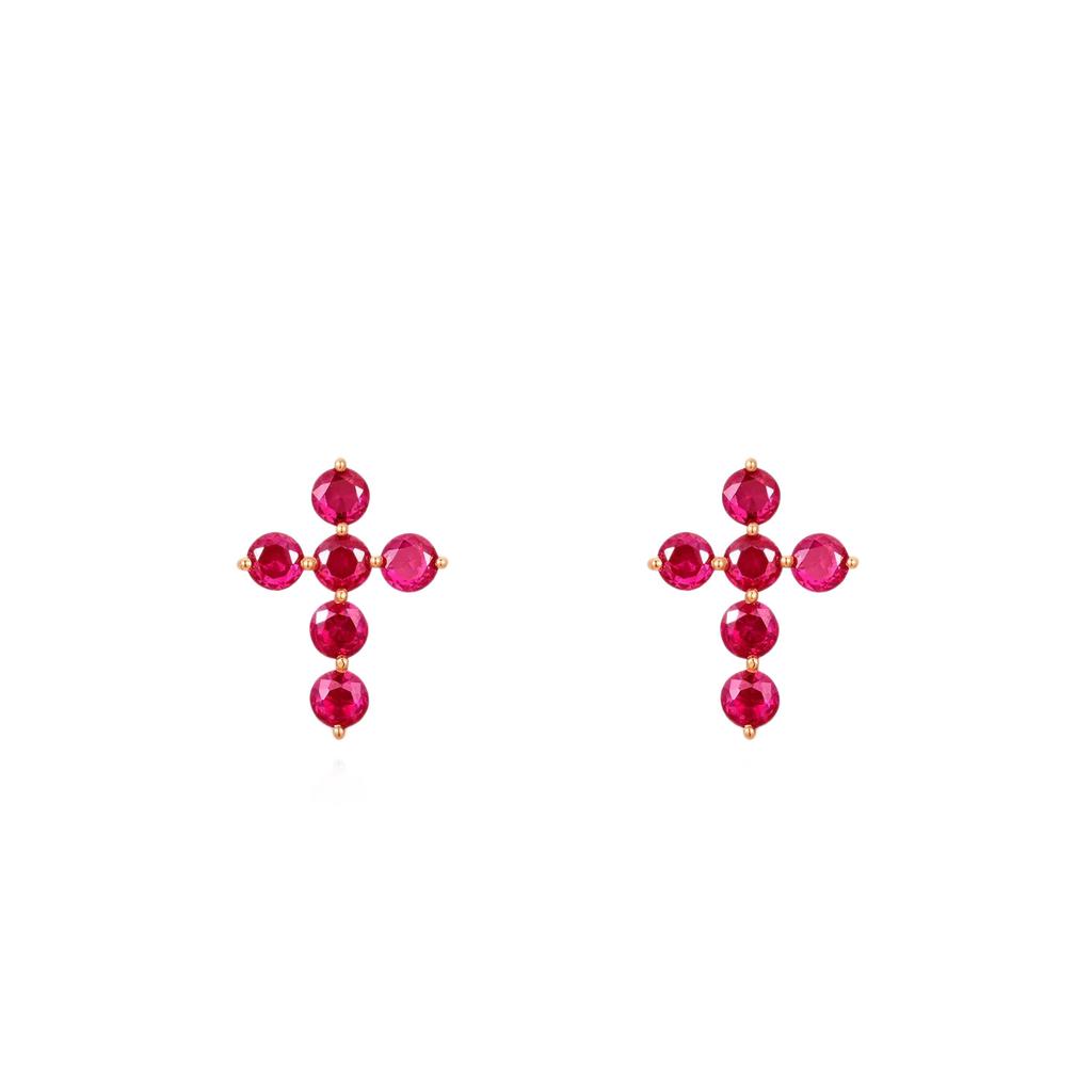 Zircon rose red cross stud earrings women's 1011 new exquisite temperament light luxury high sense versatile small ear jewelry
