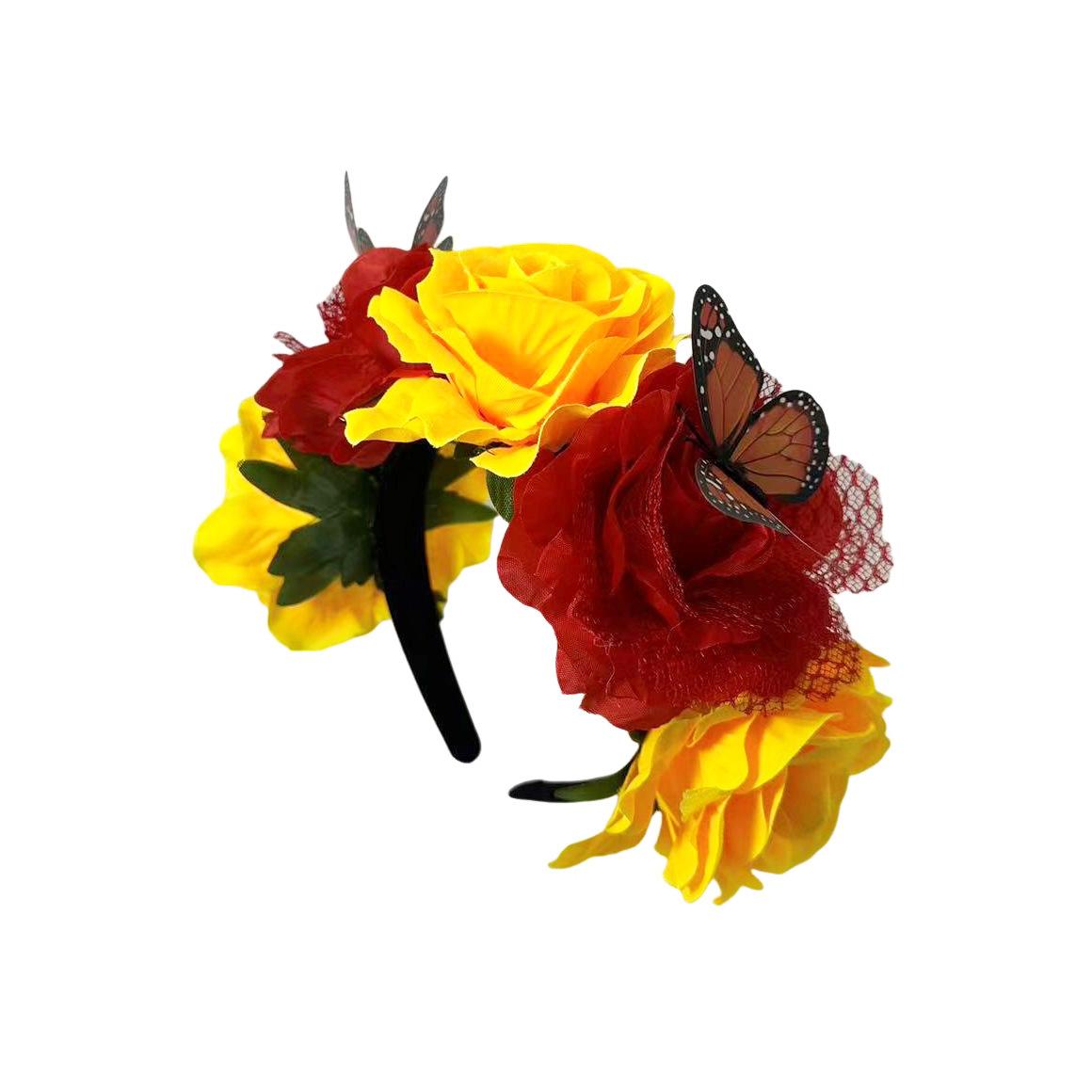 New Vintage Butterfly Big Rose Headband Mexican Bridal Vacation Headband Dress Up Headgear