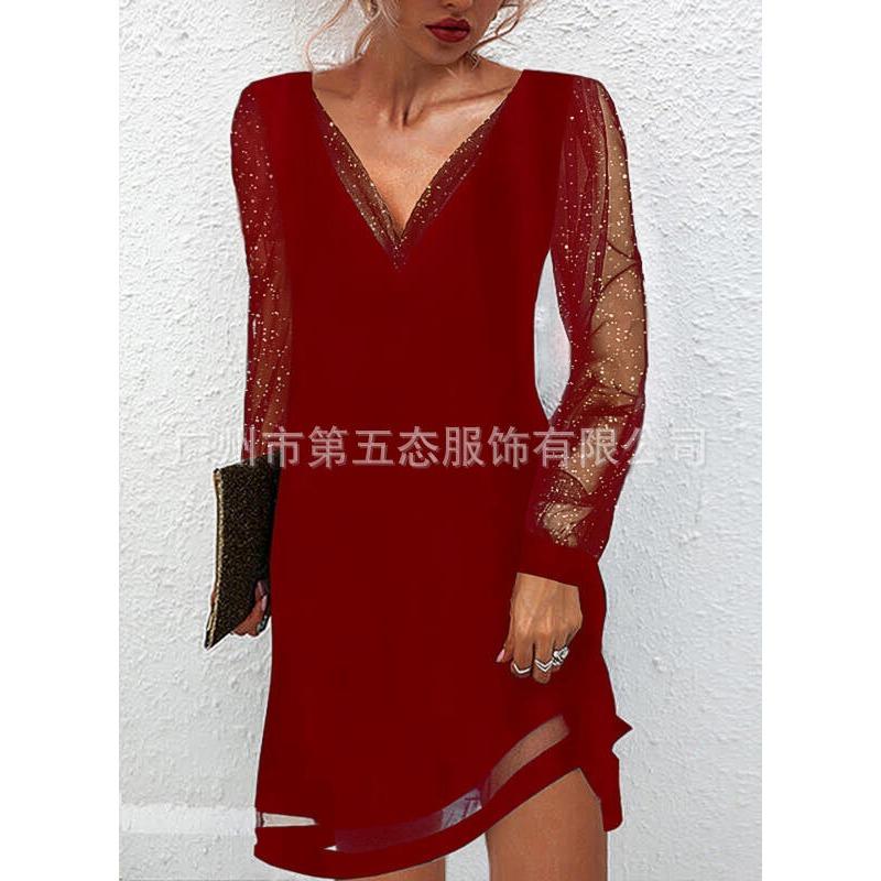 

Spring and Autumn New European and American Women s Clothing Sequined Mesh Sleeve V-Neck Pullover Top Fashion Splicing Temperament Dress S красный