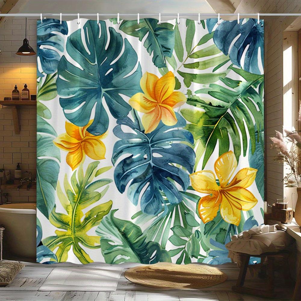 

1 Piece Tropical Monstera Shower Curtain Blue Leaves Yellow Plumeria White Background Lush Exotic Foliage Decorate Bathroom W60H190(CM)-1 Pcs