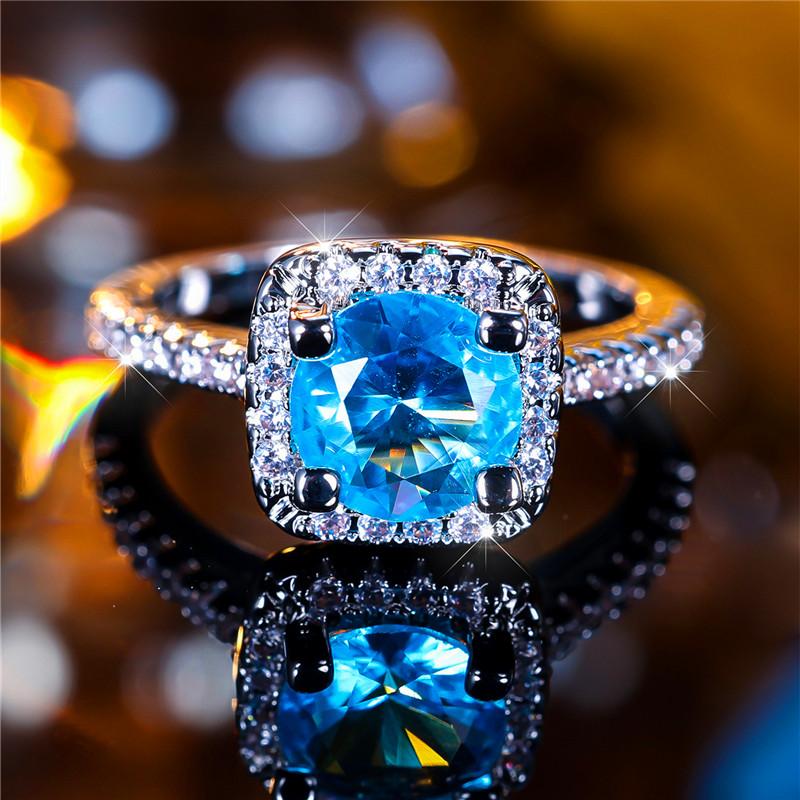 Luxury Female Blue Round Zircon Stone Ring Trendy Silver Color Engagement Cute Bride Wedding Jewelry Gift For Women
