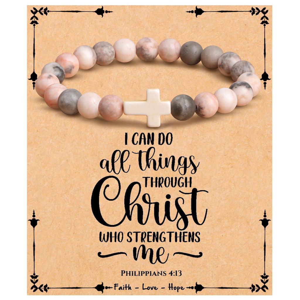 Emperor Stone Pink Zebra Beaded Bracelet with Cross Charm