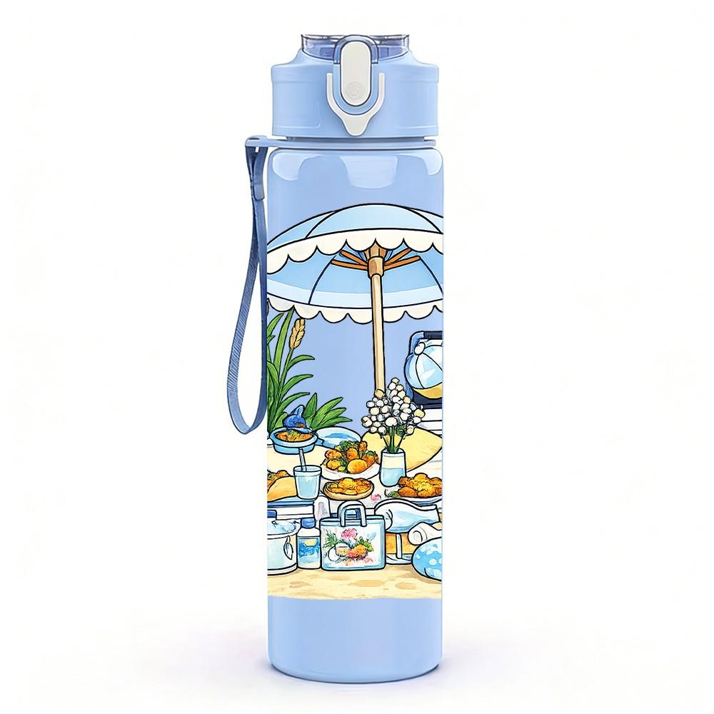 1PC Beach Parasol Girl Vacation 750ml Color Plastic Sports Water Bottle Leakproof Flip Straw Lid Suitable for Sports Office Home Use