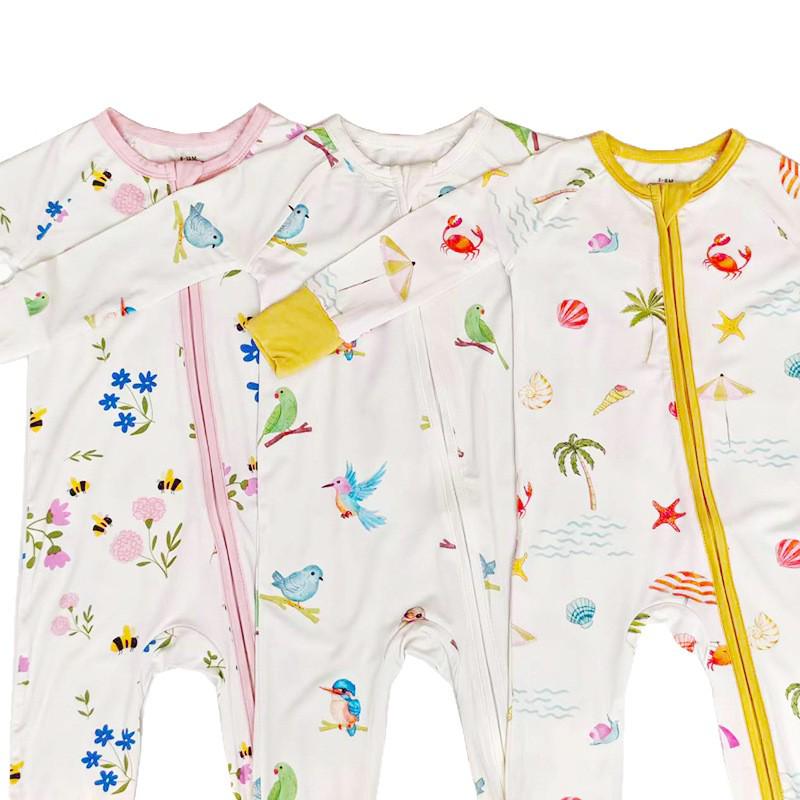 Bamboo Fiber Baby Romper with All-Over Print - Long Sleeve Onesie