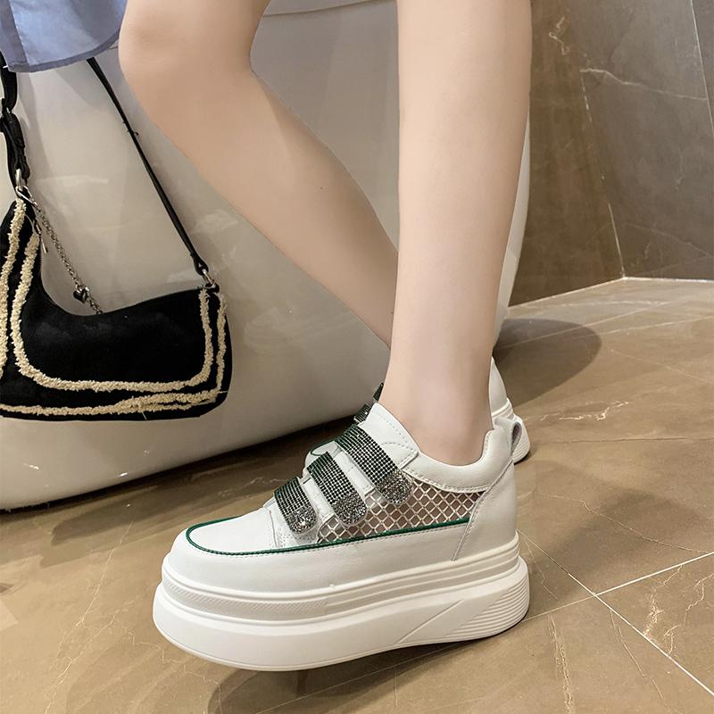 Fashion 7.5cm Women Casual Platform Wedge Summer Hollow Mesh Shoes High Brand Crystal Hook Sping Chunky Sneaker Fashion High Heel