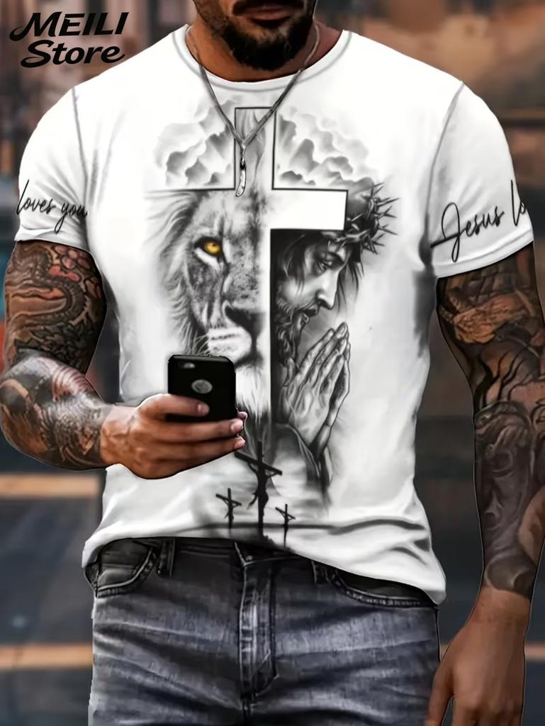 T-shirt da uomo con stampa 3D di Gesù a maniche corte, casual, girocollo, design con mani in preghiera, maglietta da uomo, nuova, top oversize
