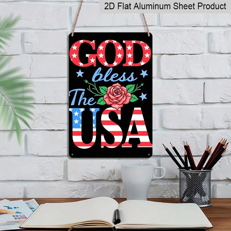 2D Flat, Decorative Sign & Plaque, Metal Sign, Retro Sign for Wall Decor, Funny Signs, 'God Bless The USA' Patriotic Wall Art Plaque with American