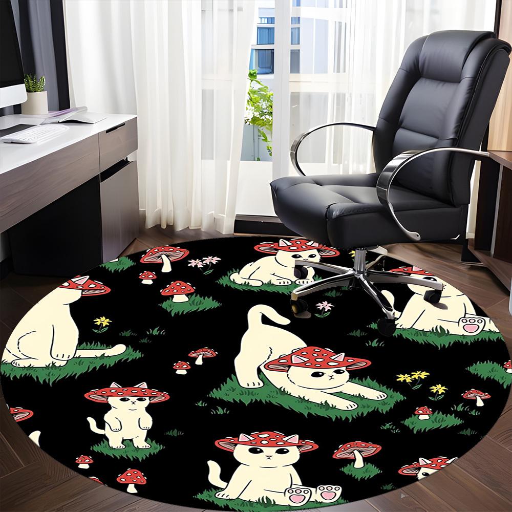 1pc Mushroom Cats Office Round Area Rug, Mat Suitable For Office, Under Office Chairs Bedroom Living Room Home Decor, Room Deco