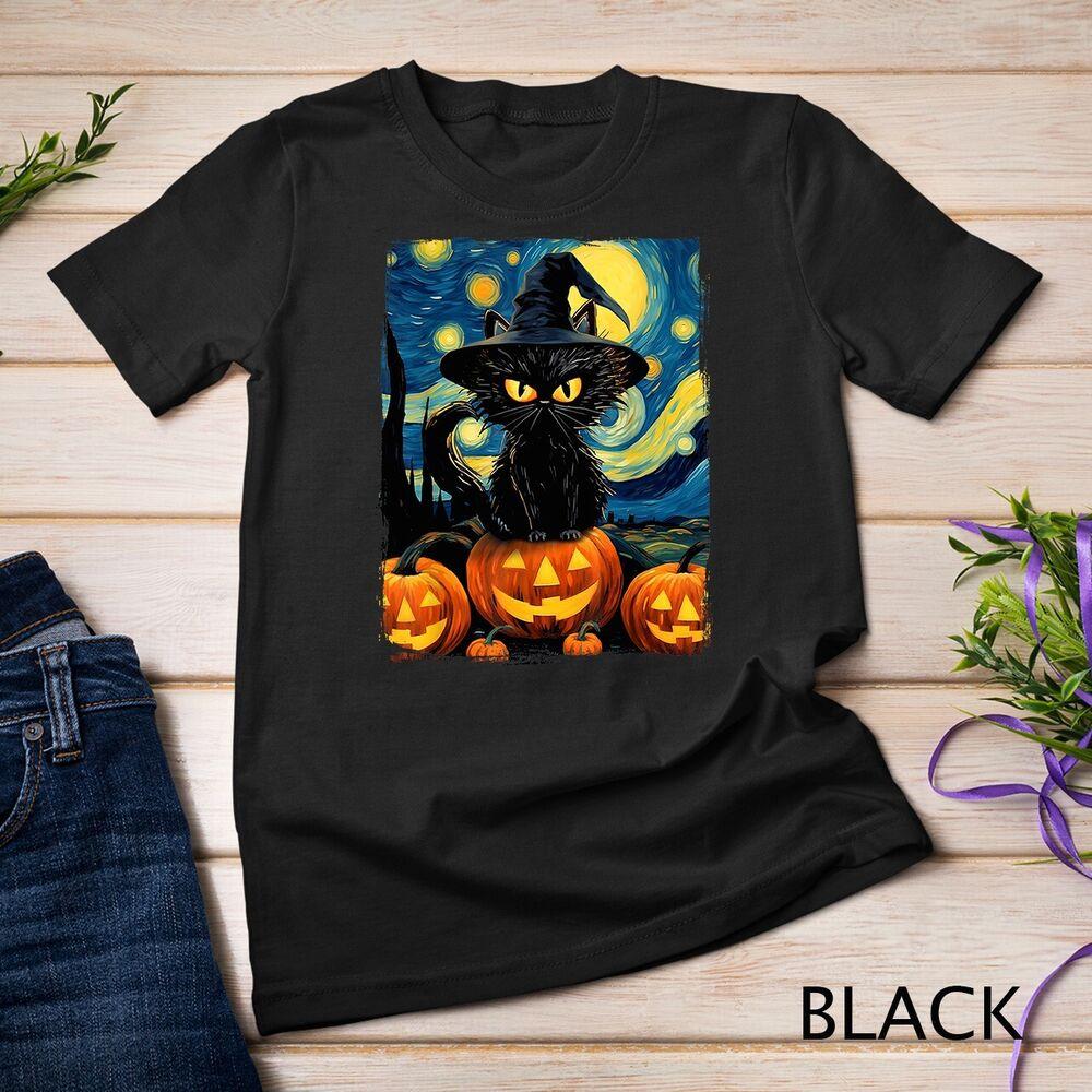Witch Cat Starry Night Van Gogh Retro Halloween Cat Art Kids Unisex T-shirt