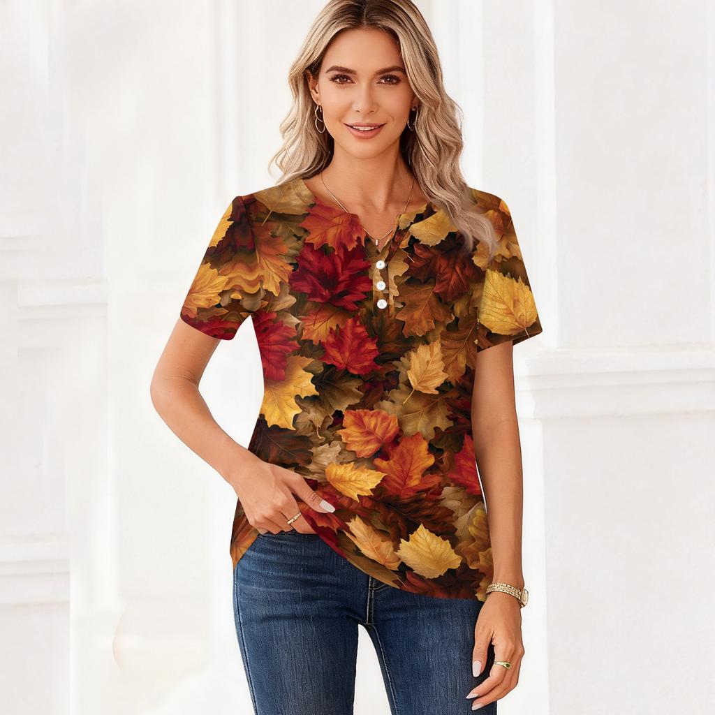 Women's Casual V-Neck Short Sleeve T-Shirt with Fall Leaves Print and Button