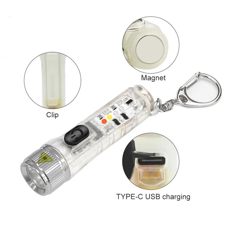 Mini Keychain Flashlight Type-C Fast Charging IP66 Waterproof Torch Lamp With Magnet Multifunction Warning Camping Flashlight