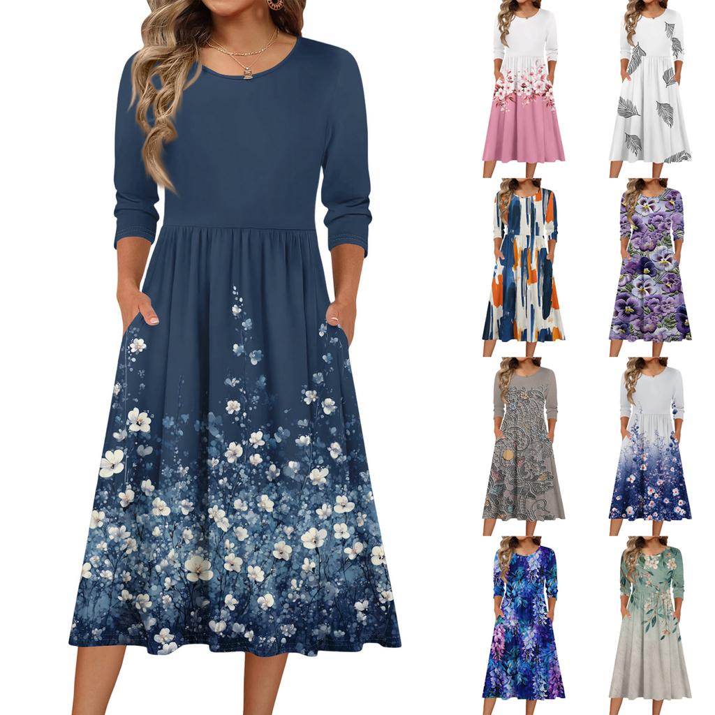 Rochie de damă cu mâneci 3/4, casual, fluidă, în A, midi, tip tricou, cu buzunare, cu gât rotund, pentru vacanță, boho, de plajă, de vară