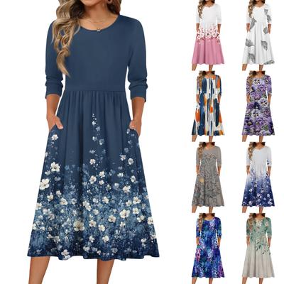 Vestido Feminino de Manga 3/4 Casual Fluido Linha A Midi Vestidos Camiseta Com Bolsos Gola Careca Vocation Boho Praia Vestido de Sol