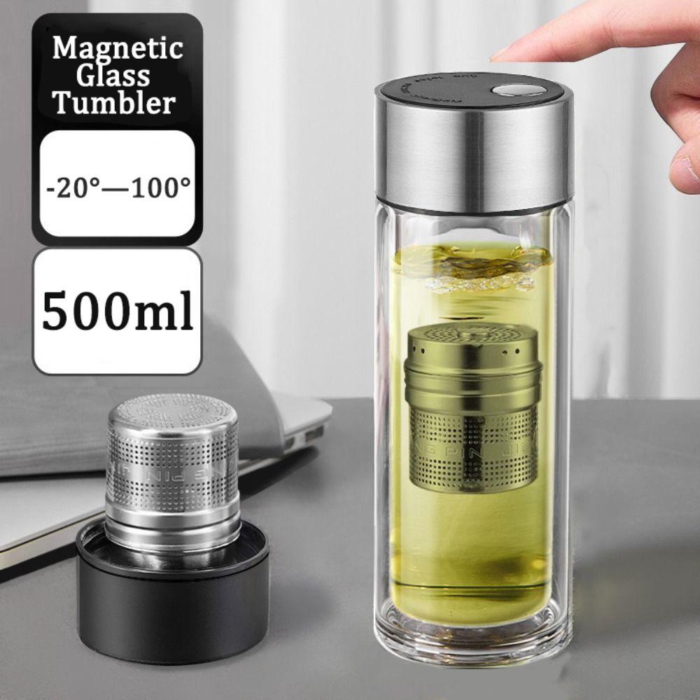 Double Wall Glass Tea Cup Insulated 500ml Magnetic Glass Tumbler Stainless Steel Filter with Tea Infuser Glass Water Bottle