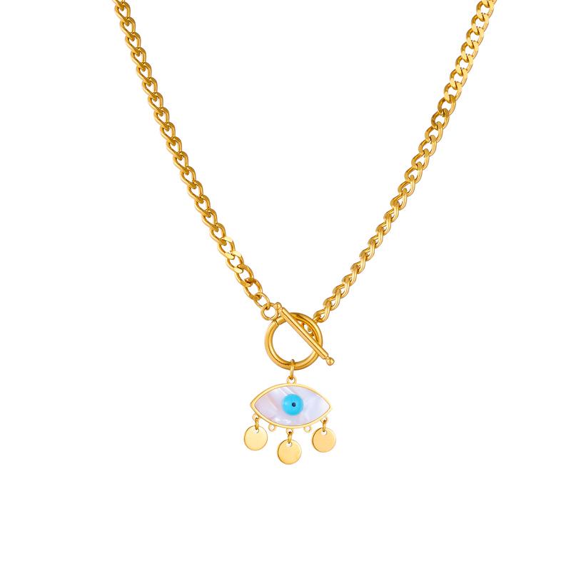 Stainless Steel Evil Eye Shell Tassel Clavicle Chain Necklace - Minimalist Style with Versatile OT Buckle