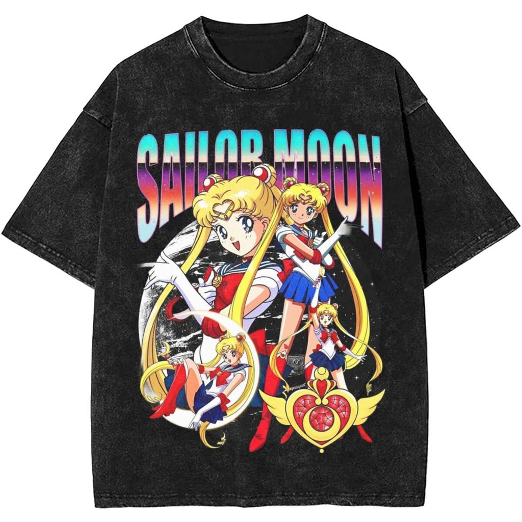 Sailor Moons Vintage Vasket T-skjorte Menn Kvinner 100% Bomull Casual T-skjorte O-hals Anime Tees Kortermet Klær Pluss Størrelse