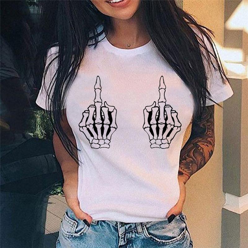 Summer Tshirt Women New Fashion Middle Finger Chest Graphic Printed Round Neck T Shirt Casual Simple Women Tee Tops Female