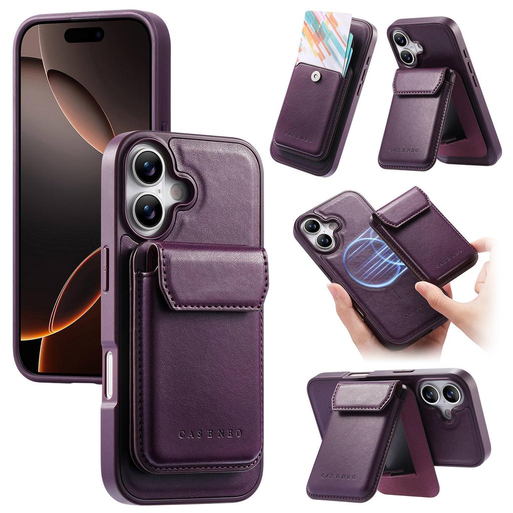 CASENEO For iPhone 17 Magnetic Case PU Leather PC Phone Cover with Detachable Card Holder Kickstand Compatible with MagSafe