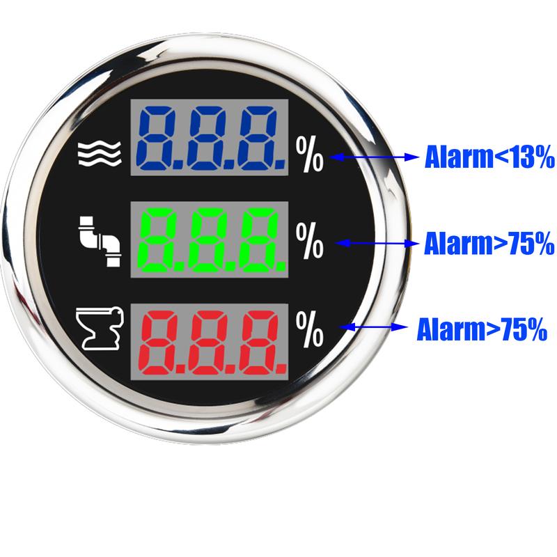 Digital 52mm Gauge 3 IN 1 Water/Waste/Sewage Level Gauge with Flash Alarm 0-190ohm Multi Meter Blue,Green,Red LED for Car