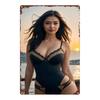 HD Metal Tin Sign Gorgeous Asian Woman In Black Gold Lace Bodysuit Sunset Retro Metal Wall Art X Inch