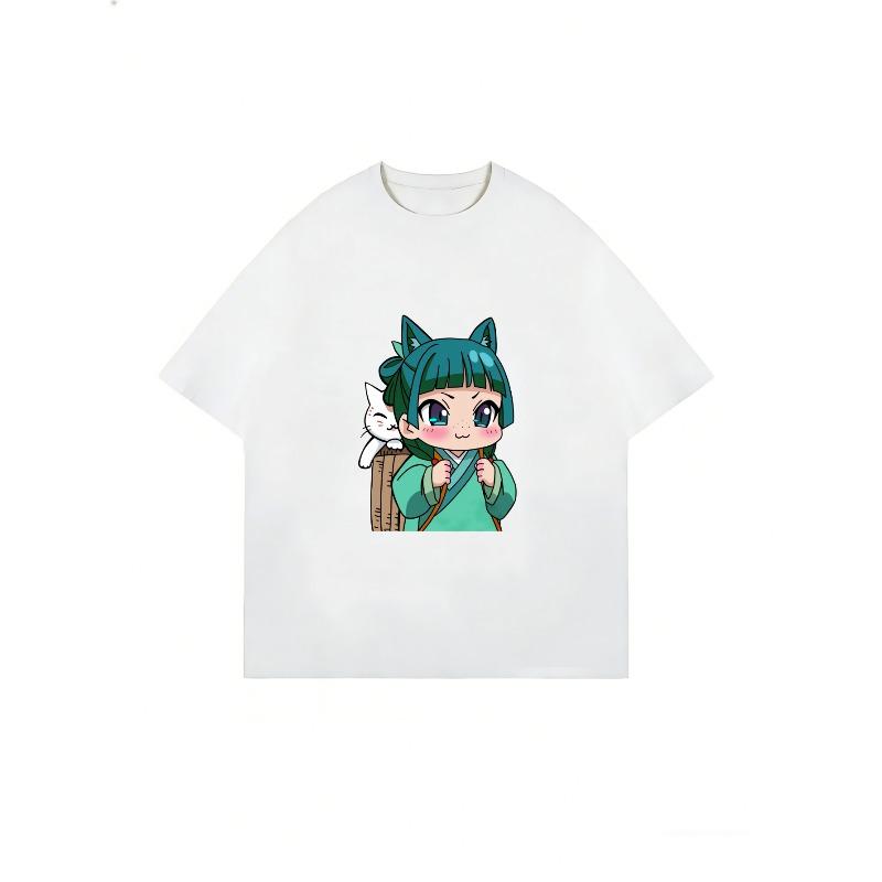 Roztomilá anime dívka s kočičím batohem Tričko Bílé s potiskem kreslené postavičky pro volný čas a každodenní nošení