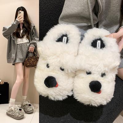 Cute Cartoon Puppy Cotton Slippers Women's 2025 Winter New Plush Warm Thick Bottom Heightening Bag Head Fluffy Slippers
