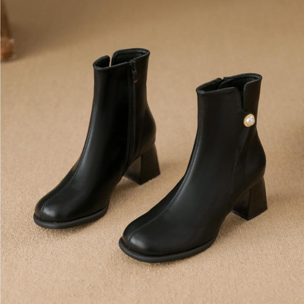 Leather Boots Women's Winter New French Bootie Women's Versatile Rough Heel High Heel Mary Jane Boots Women Ankle Bootie