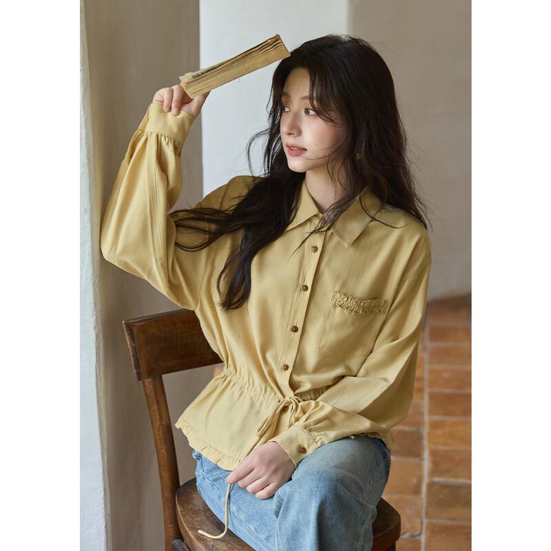 French Style Ruffled Collar Drawstring Waist Shirt S