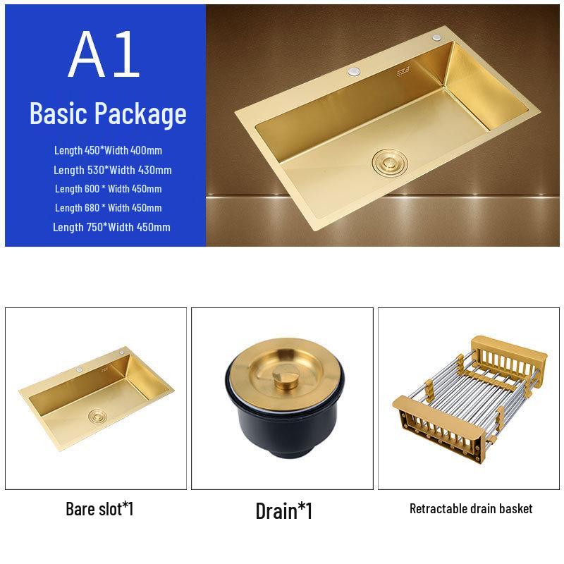 304 Stainless Steel Nano Gold Single Bowl Sink for Kitchen Island Gold Single Bowl 45x40