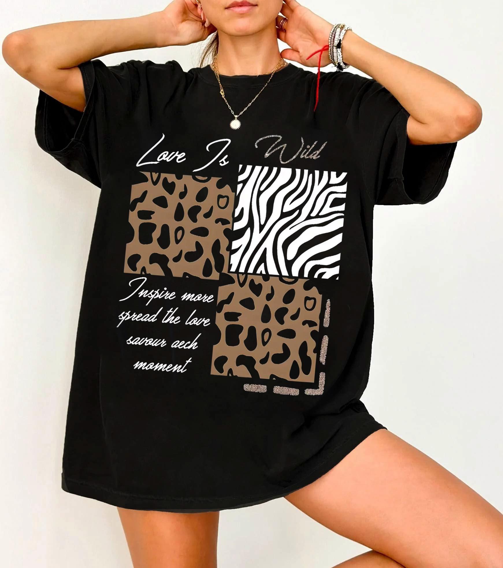 

Streetwear Letter Leopard Pattern Love Is Wild T Shirts Tee Women Unisex Cotton Summer Loose Casual Harajuku Oversize Top Fashion S