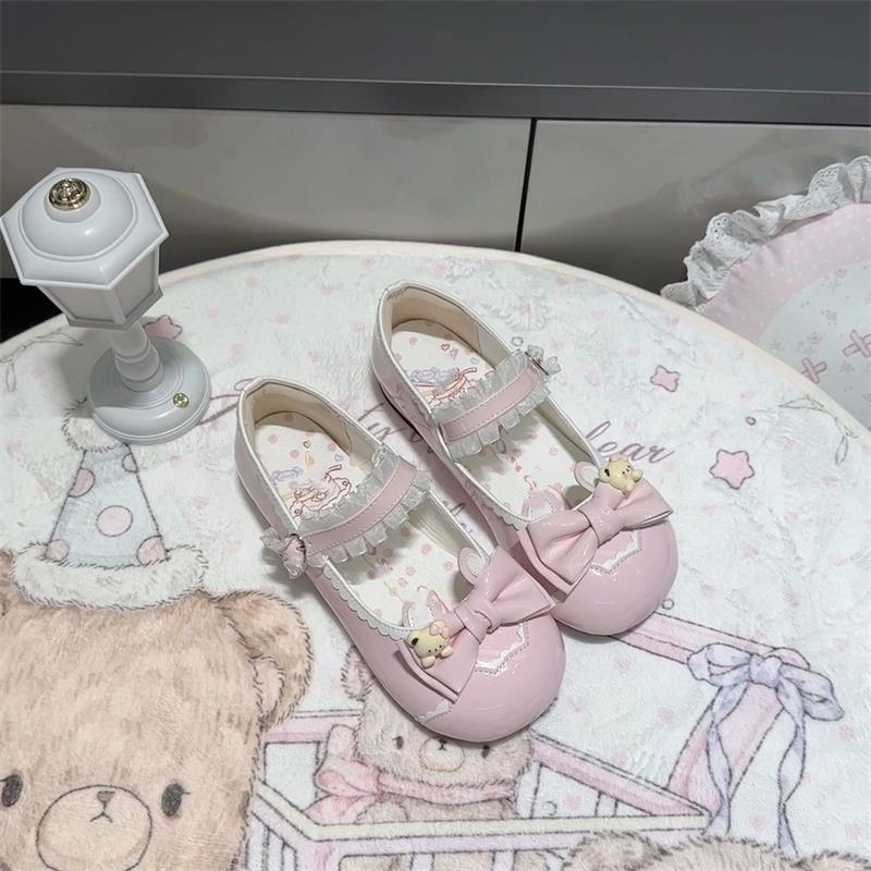 Campus Wind Sweet Pink Lo Shoes Japanese Round Head Single Shoes Women's Bow Summer Cute Cute One-word Buckle Leather Shoes