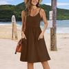 A Women's Summer Casual Solid-Color Printed Strap, Loose Waist Pocket And Large Hem Dress