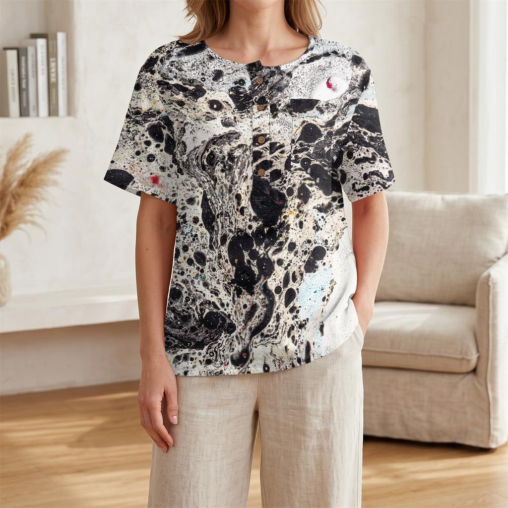 Damenmode Bedrucktes kurzärmeliges Baumwoll-Leinen-Henley-Shirt mit Knopfleiste und Brusttasche für Freizeitkleidung