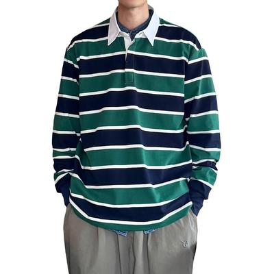 [CHANGE WELL] Men's 2025AW Fashion Casual Big Silhouette Long Sleeve Striped Rugby Shirt Ivy League Style Preppy Autumn Clothing (GREEN, 2XL)