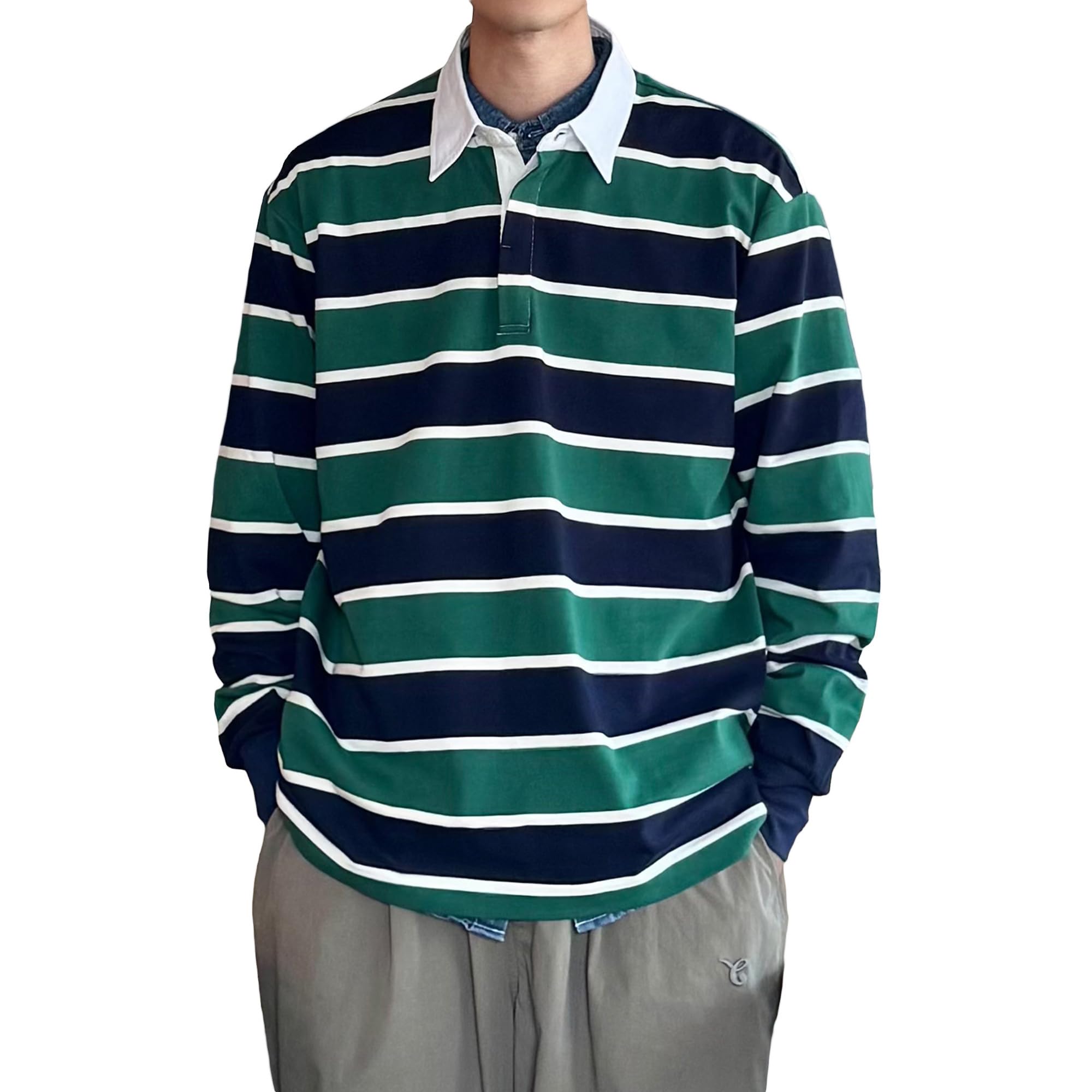 [CHANGE WELL] Men s 2025AW Fashion Casual Big Silhouette Long Sleeve Striped Rugby Shirt Ivy League Style Preppy Autumn Clothing (GREEN, 2XL)