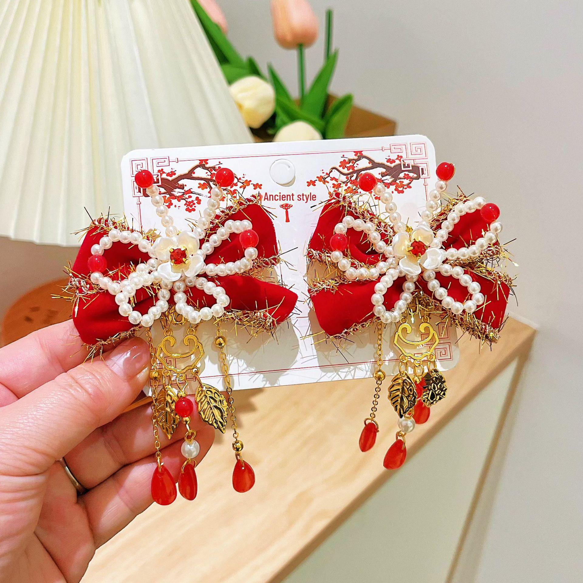 

Детские праздничные заколки для волос в стиле ханьфу: Новогодний головной убор с кисточками и бантом для девочек