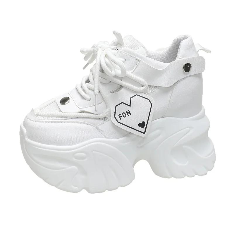 9.5CM Heels Chunky Sneakers Spring Autumn Women Ventilate Shoes Comfortable Casual Leather Shoes Female Non-slip Chunky Sneakers