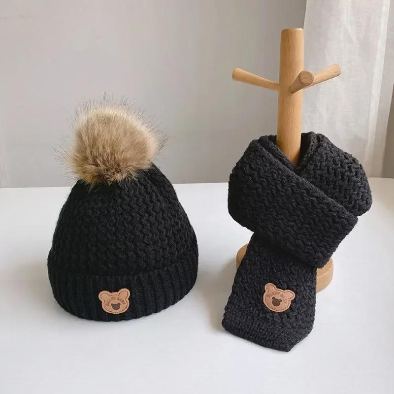Autumn Winter 2Pcs Newborn Baby Hats Scarf Acrylic Cute Bear Beanies Warm Infant Knitted Hats For Baby Boys Girls 0-6 Years Old