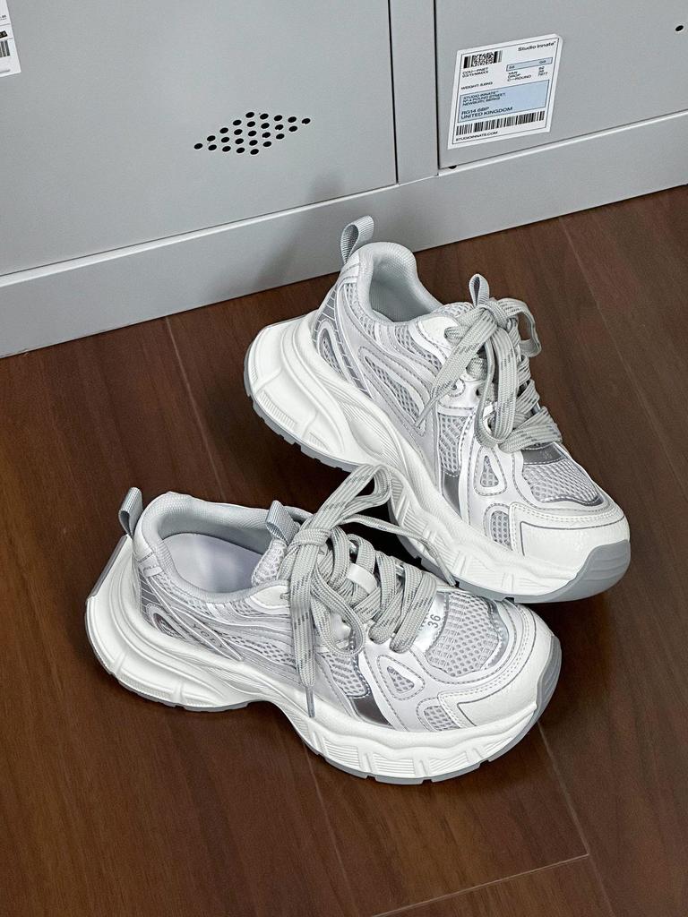 Platform Dad Shoes Women's 2025 Spring New Women's Mesh Breathable Women's Shoes Silver Heightening Casual Sports Shoes