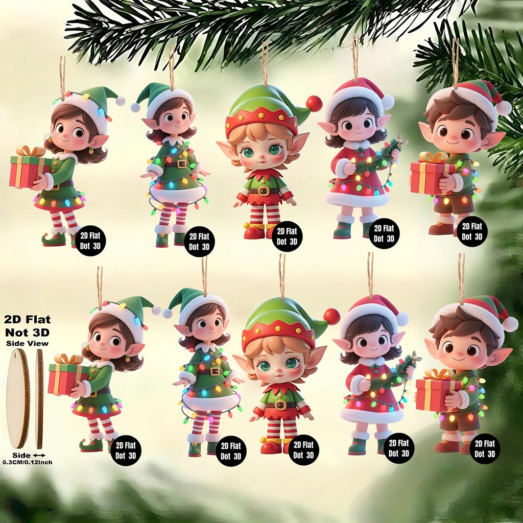 10pcs/set Christmas Wooden Pendant Take The Gift Elf Xmas Tree Hanging Ornament Perfect for Xmas Party Decor Home New Year Gifts