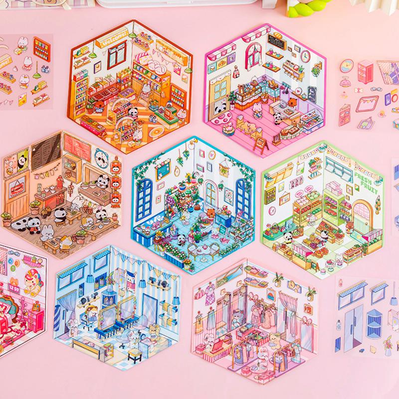4Set Desene Animate Kawaii Miniatură Scenă Vizuală Autocolante Stivuibile Miniatură 3D Peisaj Scenă Autocolante Cont de Mână Autocolante