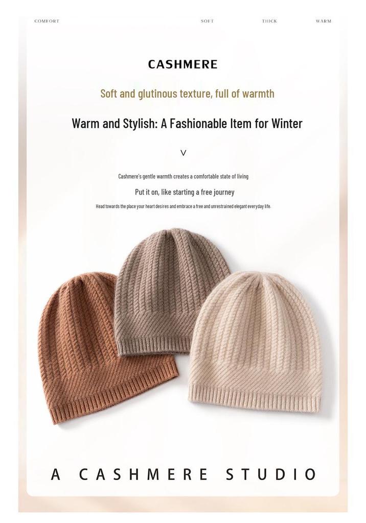 Women's 100% Pure Cashmere Ribbed Knit Hat - Stylish Solid Color, Warm Head Covering with Ear Protection