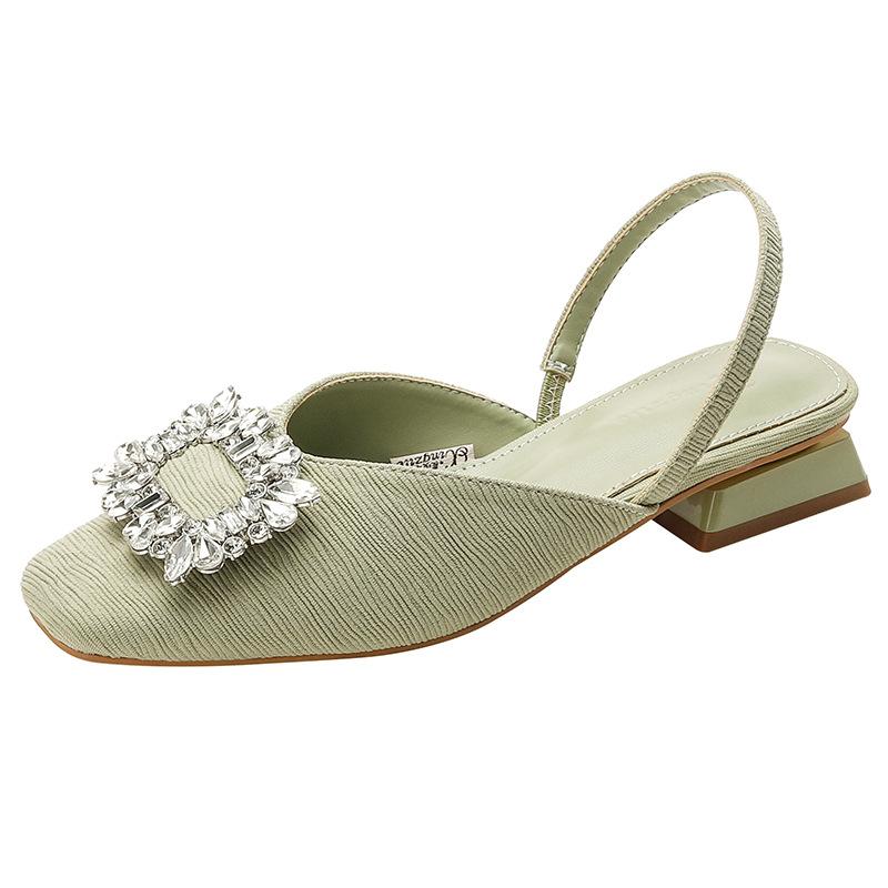 Leather Rhinestone Sandals Bag Head Half Slippers, Fashionable Outer Wear 2025 New Summer Square Head Thick Heel Half Support Single Shoes